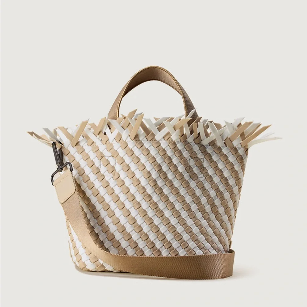 NAGHEDI Havana Small Woven Neoprene Tote Fringe Crossbody Striped Almaza Tan - Picture 2 of 15